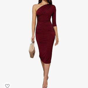 Women’s ruched one shoulder bodycon midi dress 3/4 sleeve pencil dress
